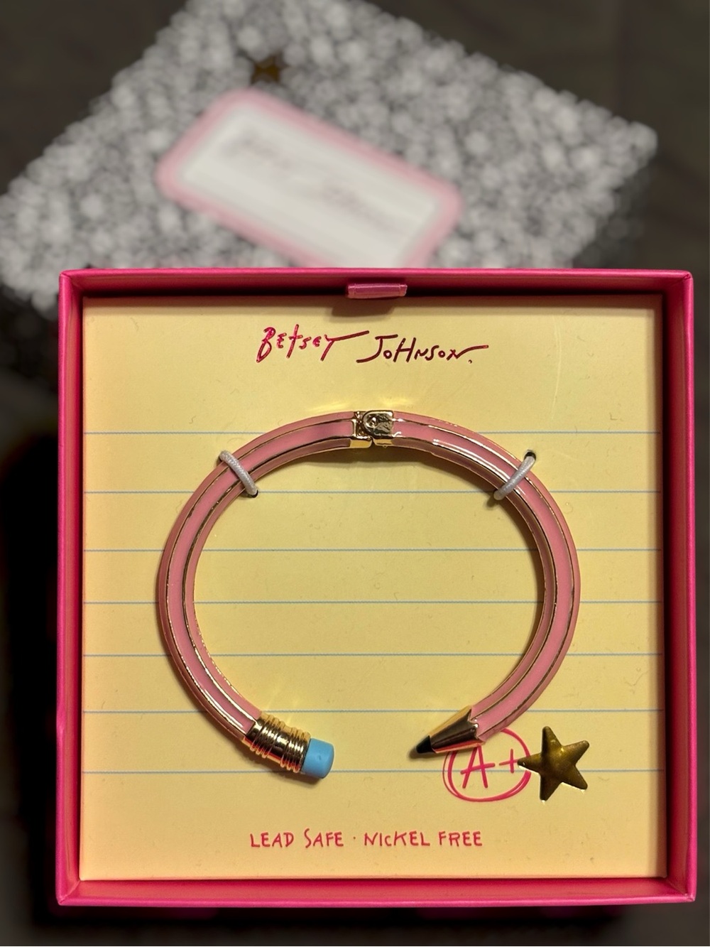 NWT•Betsey Johnson Pink Pencil Open Hinged Bangle